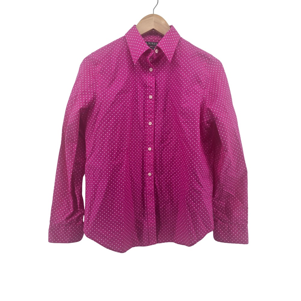 Lauren Ralph Lauren Shirt Womens M Non-Iron Pink Polka Dot Button Down EUC